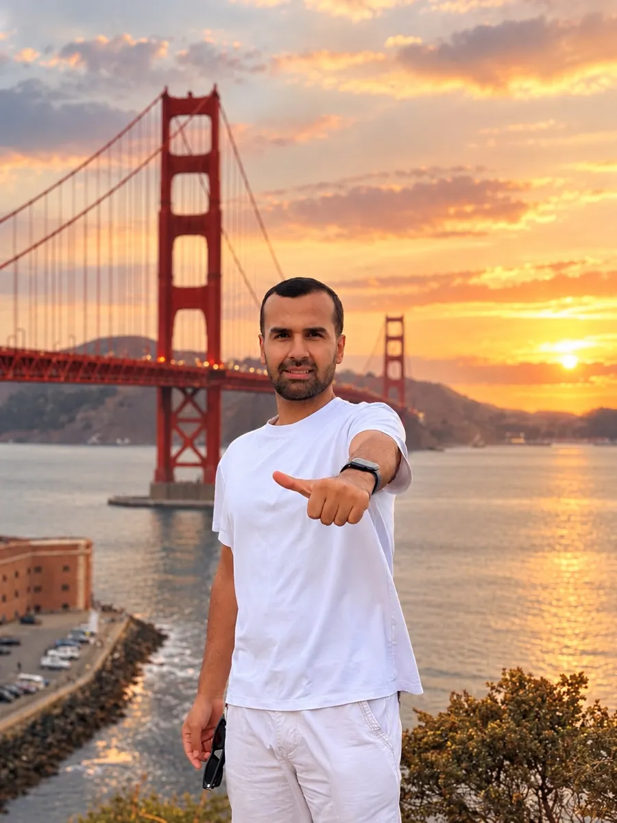 Ulugbek at the Golden Gate Bridge at sunset